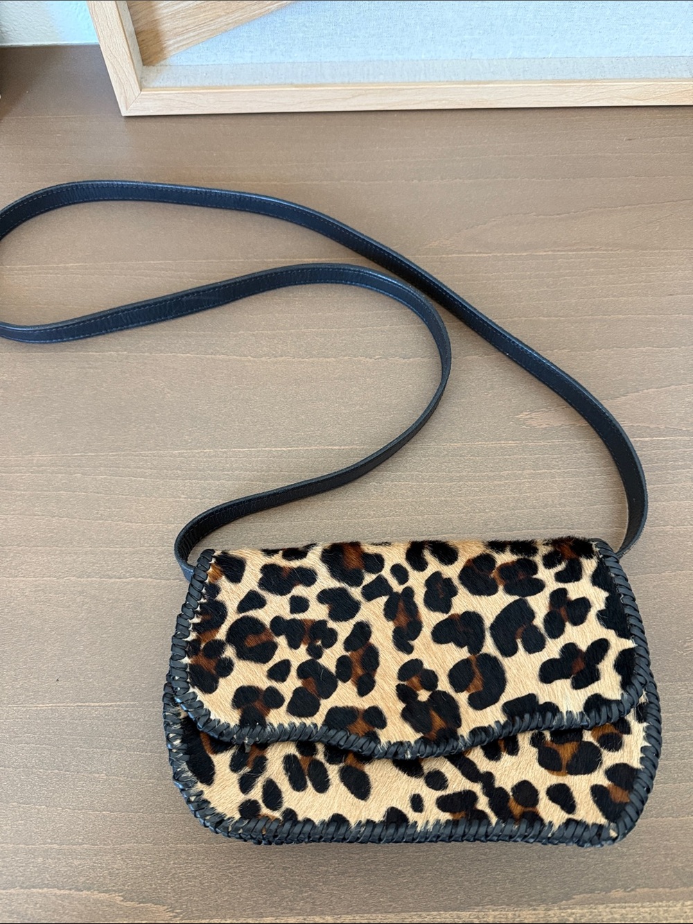 Leopard Print calf hair Crossbody Bag with Black leather Trim